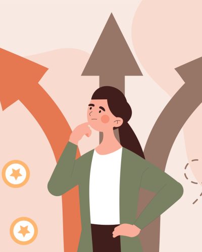 Concept of various paths Concept of various paths. Girl looking for solution to problem, internal difficulties. Person chooses between several ways. Pensive character, meditation, mind. Cartoon flat vector illustration